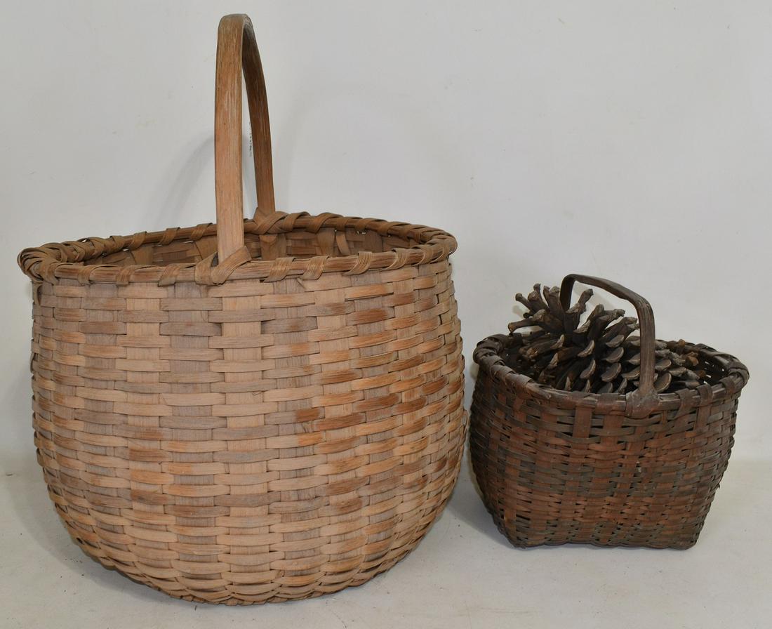 LOT (2) EARLY COUNTRY OAK SPLINT BASKETS, 19/20TH C. (1 of 10)