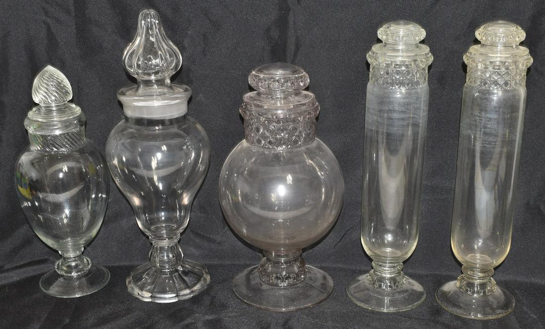 (5) ASST. EARLY APOTHECARY JARS, 3 PC. MOLDED PATTERN (1 of 19)