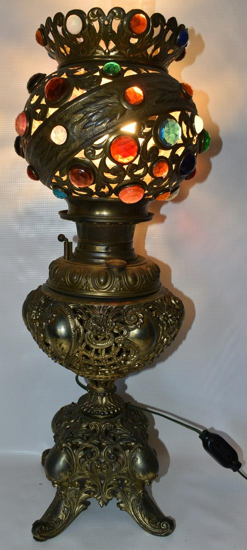 BRADLEY & HUBBARD GILT BRASS/JEWELED PARLOR LAMP (1 of 10)