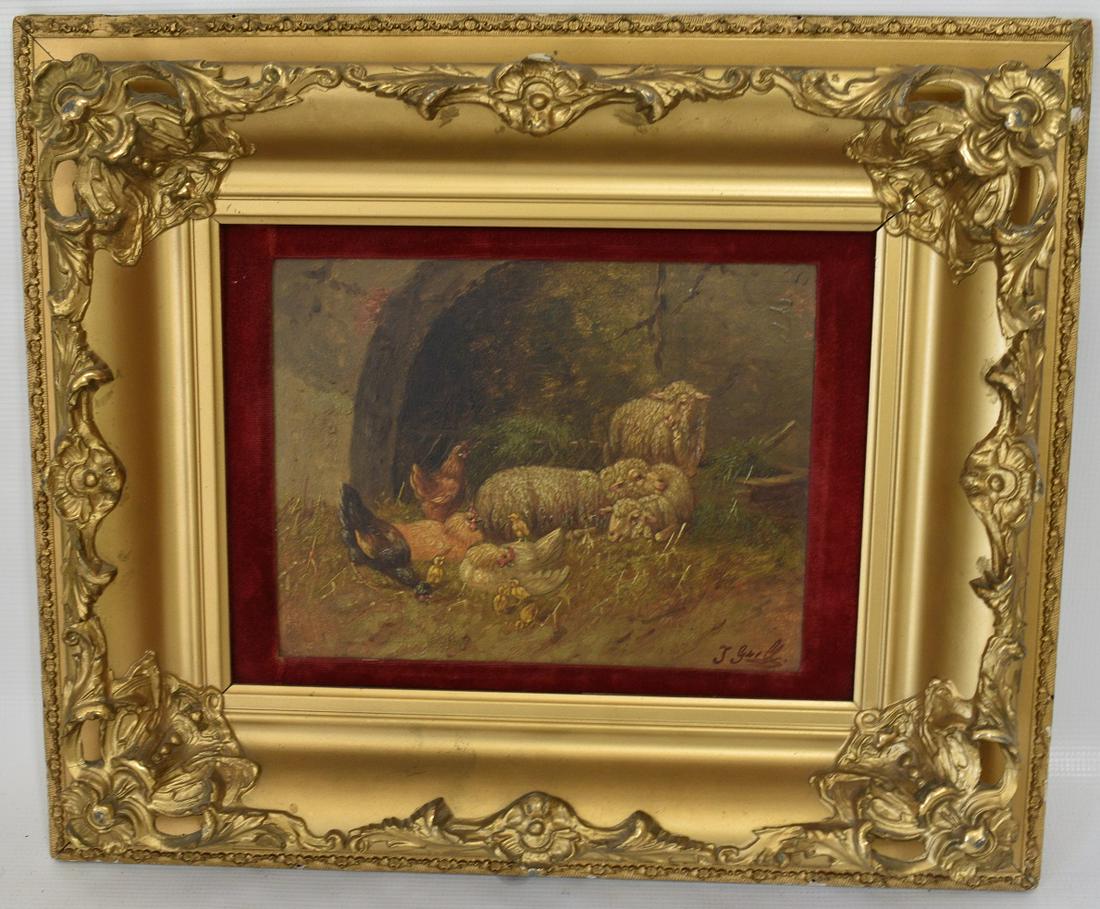 O/P FARM YARD SIGNED J. GRELL/JOHANNA 1850-1934 AUSTRIA: O/P FARM YARD SIGNED J. GRELL (JOHANNA 1850-1934 AUSTRIA) 19TH C., 8" X 10" SIGHT
