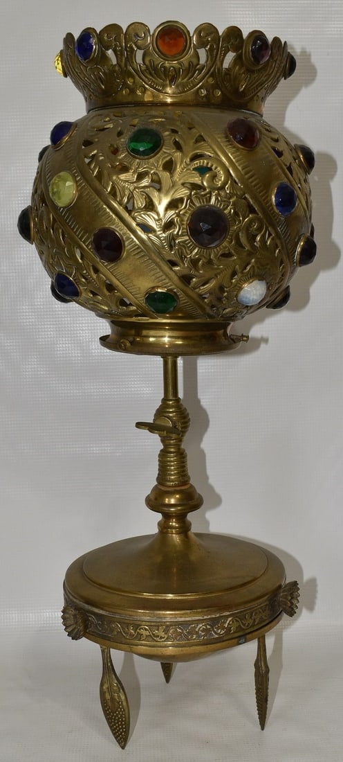 VICTORIAN JEWELED BRASS GAS TABLE LAMP, 19TH C. (1 of 10)