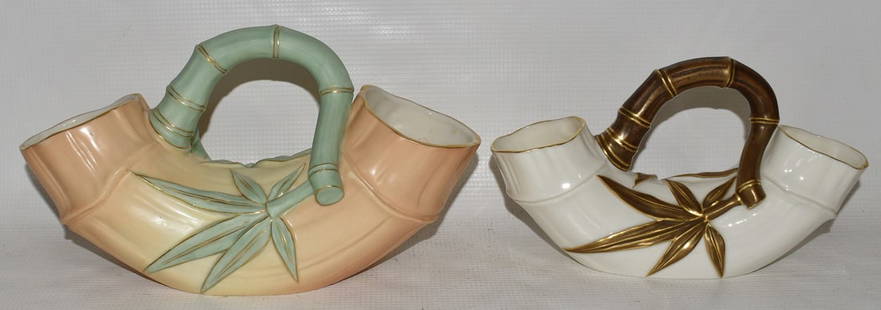 LOT (2) ROYAL WORCESTER H/P BAMBOO FORM VASES, C. 1910: LOT (2) ROYAL WORCESTER H/P BAMBOO FORM VASES, C. 1910, H. 6" L. 10 1/2" (LARGEST)