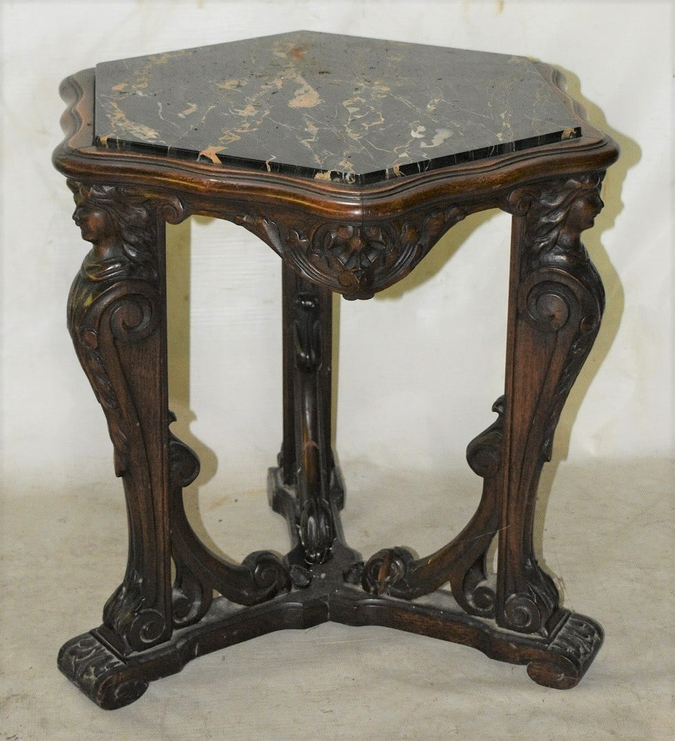 RENAISSANCE STYLE CARVED WALNUT MARBLE TOP TABLE C.1920 (1 of 8)