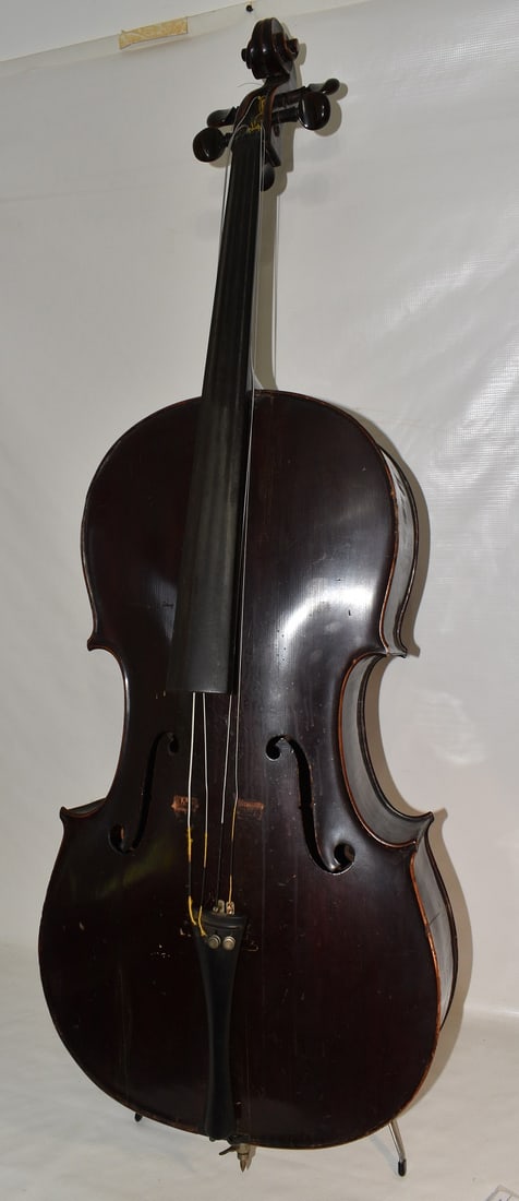 FINE EARLY FULL TIGER MAPLE BODY CELLO W/2 BOWS, 19TH C (1 of 20)
