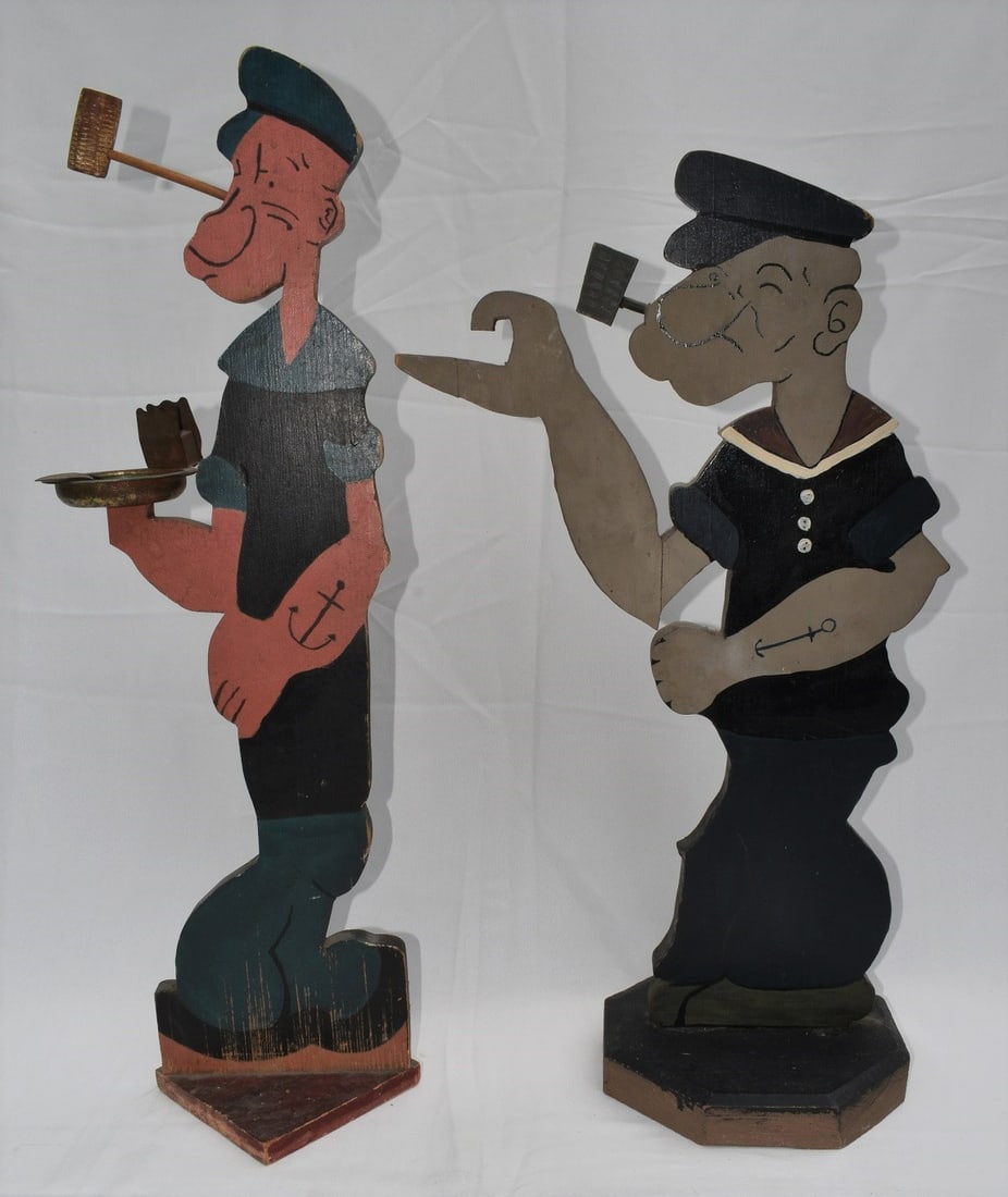 LOT (2) FOLK ART PAINTED WOOD POPEYE'S, C. 1950'S: LOT (2) FOLK ART PAINTED WOOD POPEYE'S, C. 1950'S, H. 30"