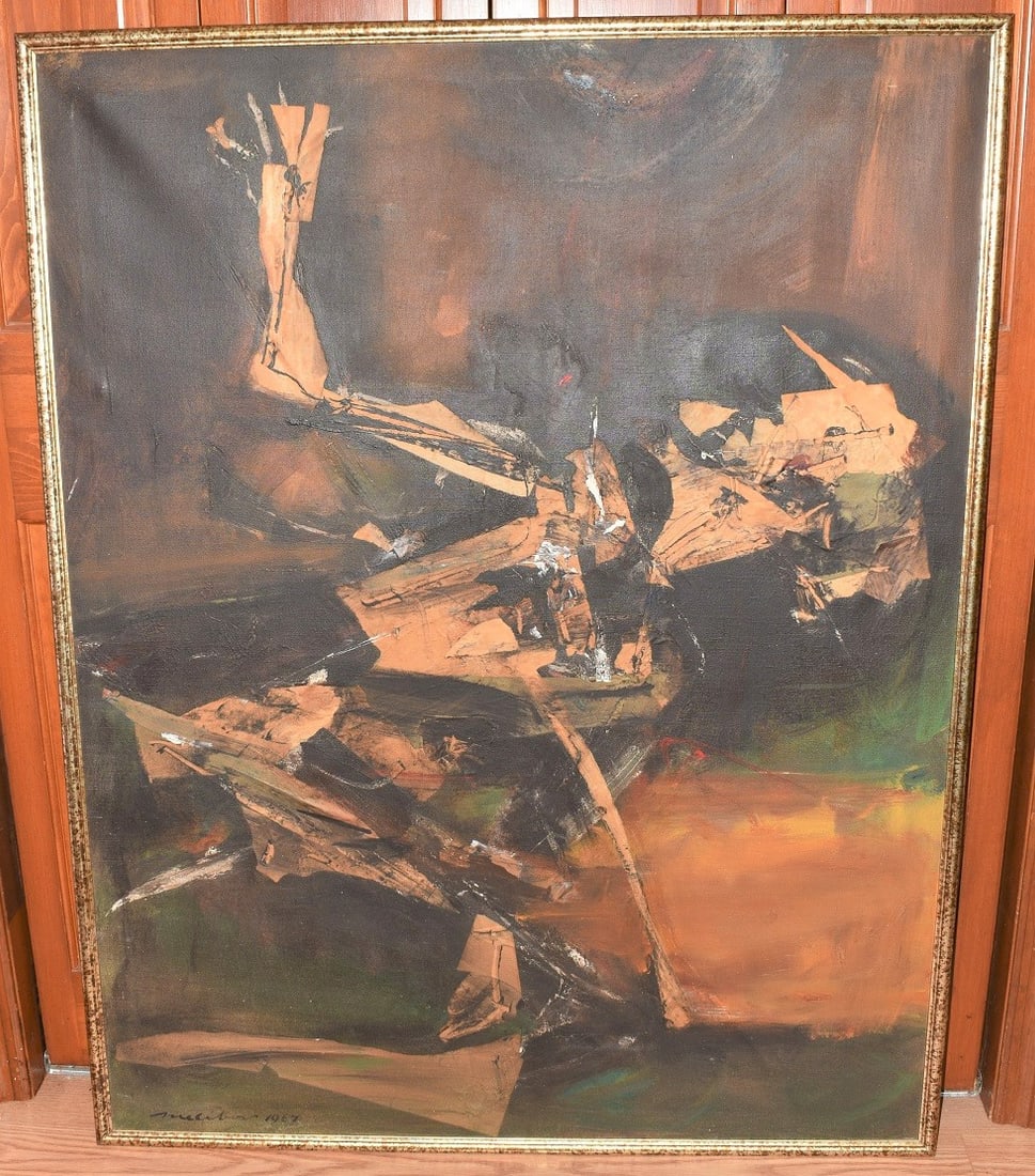 O/C "BEATEN KNIGHT" SIGNED HUGH MESIBOV: O/C "BEATEN KNIGHT" SIGNED HUGH MESIBOV (1916 - PENNSYLVANIA) DON QUIXOTE SERIES #34 ACRYLIC COLLAGE ON CANVAS #M343, C. 1967, 39" X 50"