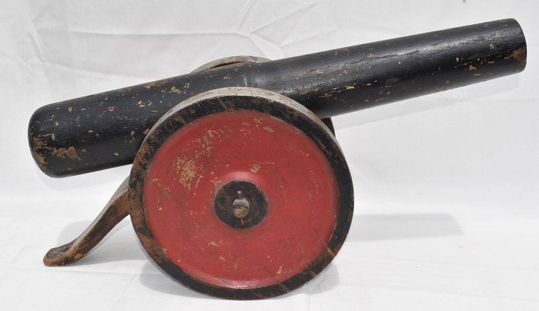 VINTAGE CARVED/PAINTED WOOD CANNON, C. 1940: VINTAGE CARVED/PAINTED WOOD CANNON, C. 1940, H. 13", L. 28"