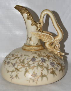 FINE ROYAL WORCESTER FIGURAL EWER W/DRAGON HANDLE: FINE ROYAL WORCESTER FIGURAL EWER W/DRAGON HANDLE, C. 1880 (RETAILED THEODORE B. STARR, H. 7 1/2" D. 6 1/2"