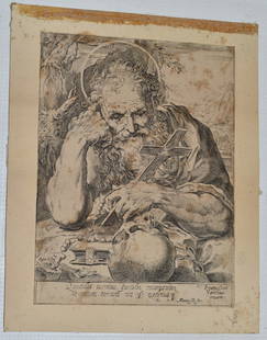 RARE ENGRAVING "REPRESENTATION OF SAINT JEROME" SIGNED: RARE ENGRAVING "REPRESENTATION OF SAINT JEROME" SIGNED FRANCESCO VANNI (1563-1610 ITALY) PRINTED BY AGOSTINO CARRACCI (1557-1602 ITALY) PUBLISHED MATTEO FLORIMI (1581-1613 ITALY) C. 1592/98, 7 1/2" X