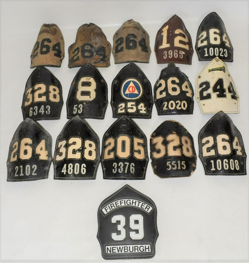 LOT (16) ASSORTED FIRE HELMET SHIELDS, 19/20TH C. (1 of 12)