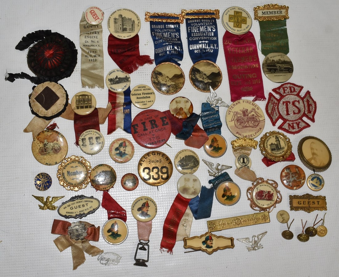 LOT ASSORTED FIREMEN PIN BACKS/RIBBONS, 19/20TH C. (1 of 16)