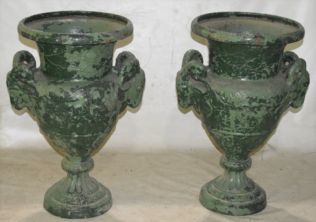 PAIR VICTORIAN CAST IRON RAMS HEAD URNS, C. 1860/70 (1 of 18)