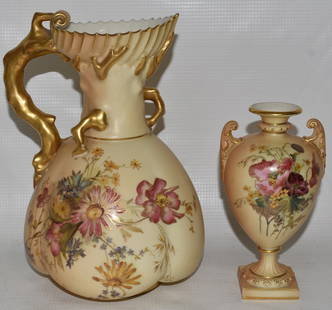 2 ROYAL WORCESTER H/P FLORAL DECORATED PORC. EWER/VASE: LOT (2) ROYAL WORCESTER H/P FLORAL DECORATED PORCELAIN EWER/VASE, C. 1880/90, H. TALLEST 9"