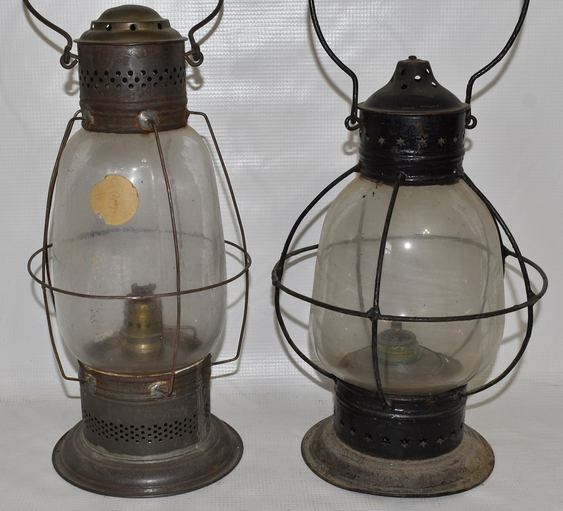 2 EARLY FIXED GLOBE RR LANTERNS W/ WHALE OIL BURNERS: LOT (2) EARLY FIXED GLOBE RAILROAD LANTERNS W/ WHALE OIL BURNERS, C. 1850, H. 17"