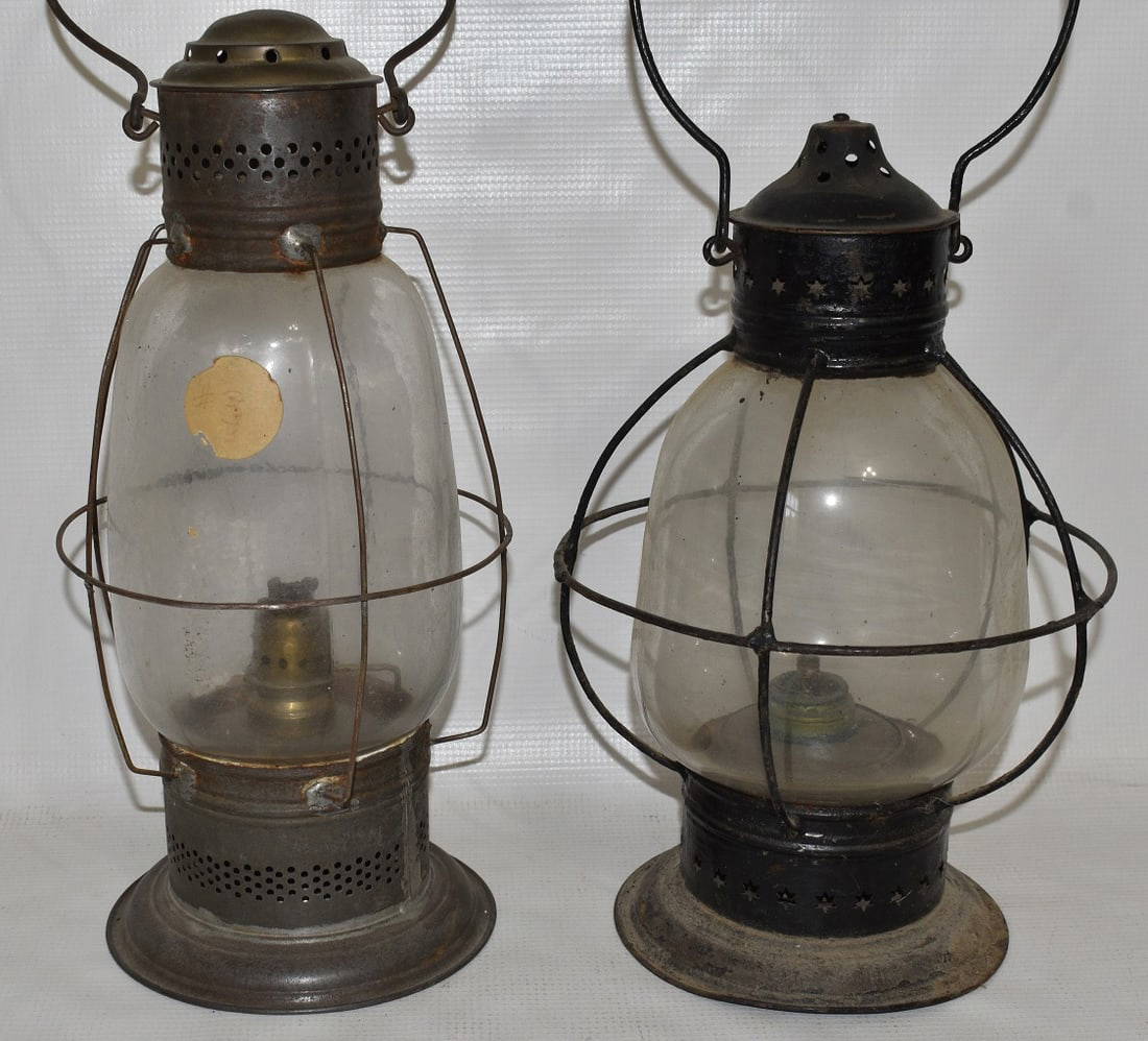 2 Early Fixed Globe Rr Lanterns W/ Whale Oil Burners Auction