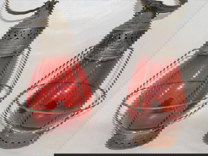 Pair Early Fixed Globe Railroad Lanterns W/ Ruby Globes