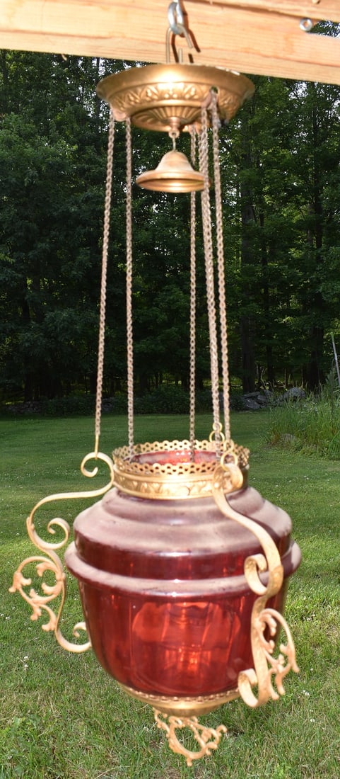 VICTORIAN CRANBERRY GLASS/BRASS HALL FIXTURE, C. 1870 (1 of 10)