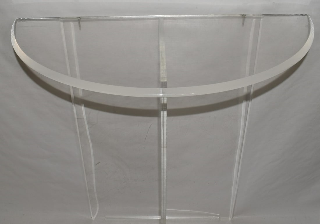 MID-CENTURY MODERN LUCITE DEMI-LUNE TABLE, C. 1960/70: MID-CENTURY MODERN LUCITE DEMI-LUNE TABLE, C. 1960/70, H. 29" W. 20"