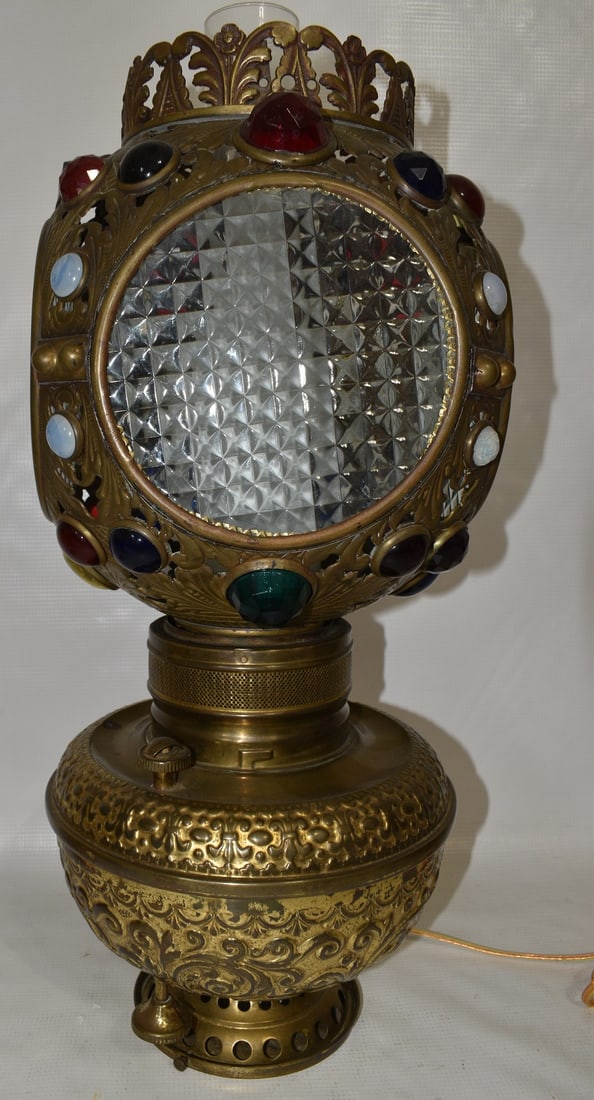 VICT. JEWELED BRASS TABLE LAMP (ELECTRIFIED), 19TH C. (1 of 18)