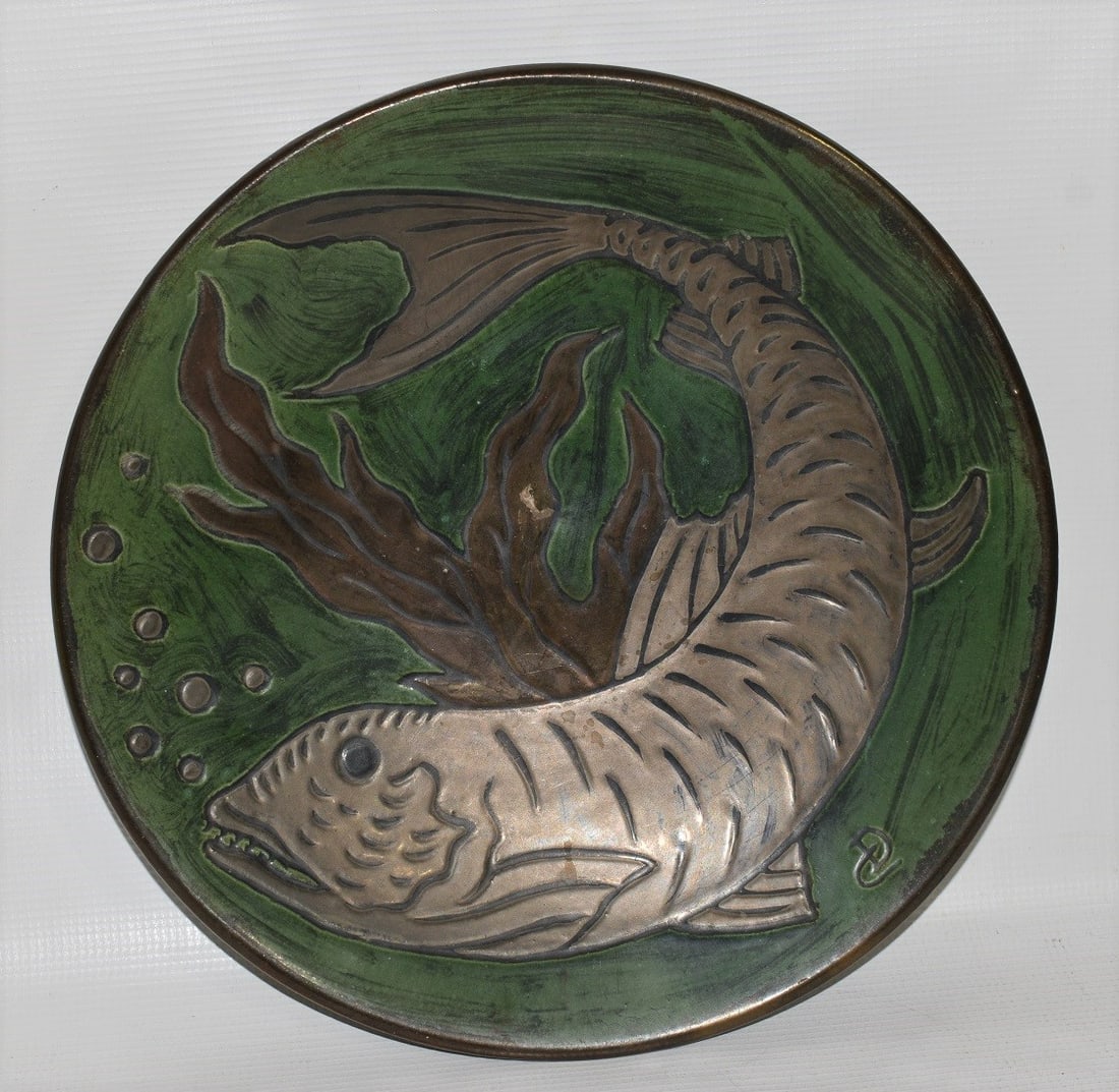 MODERN CERAMIC/SILVER KOI FISH DECORATED CHARGER SIGNED (1 of 7)