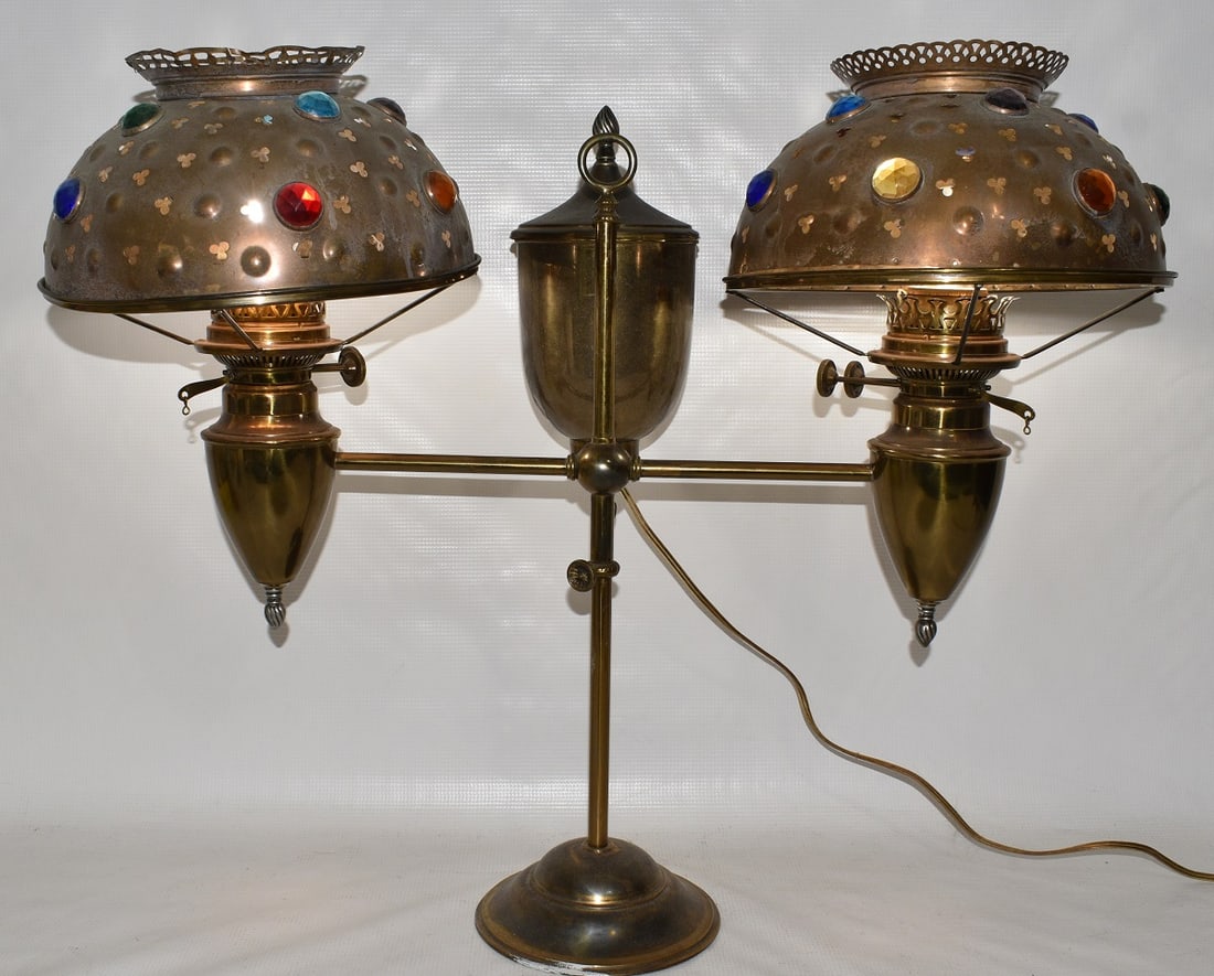 EXCEPTIONAL VICT. JEWELED DOUBLE STUDENT LAMP, 19TH C. (1 of 19)