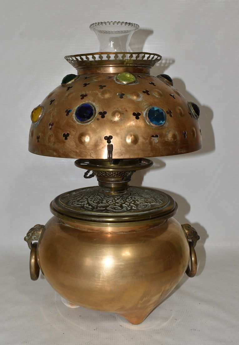 VICTORIAN BRASS CENSOR FORM JEWELED TABLE LAMP, C. 1880 (1 of 14)