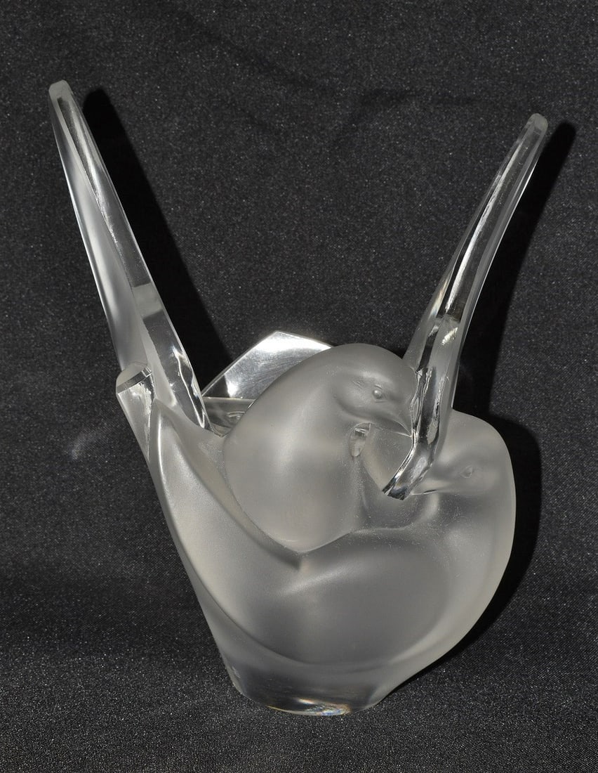 LALIQUE "SYLVIE" LOVE BIRDS CRYSTAL VASE W/FLOWER FROG (1 of 10)