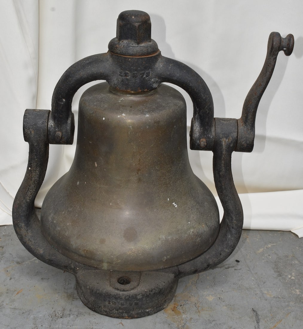 EARLY LOCOMOTIVE BRASS BELL W/CAST IRON HARP, 19TH C. (1 of 9)