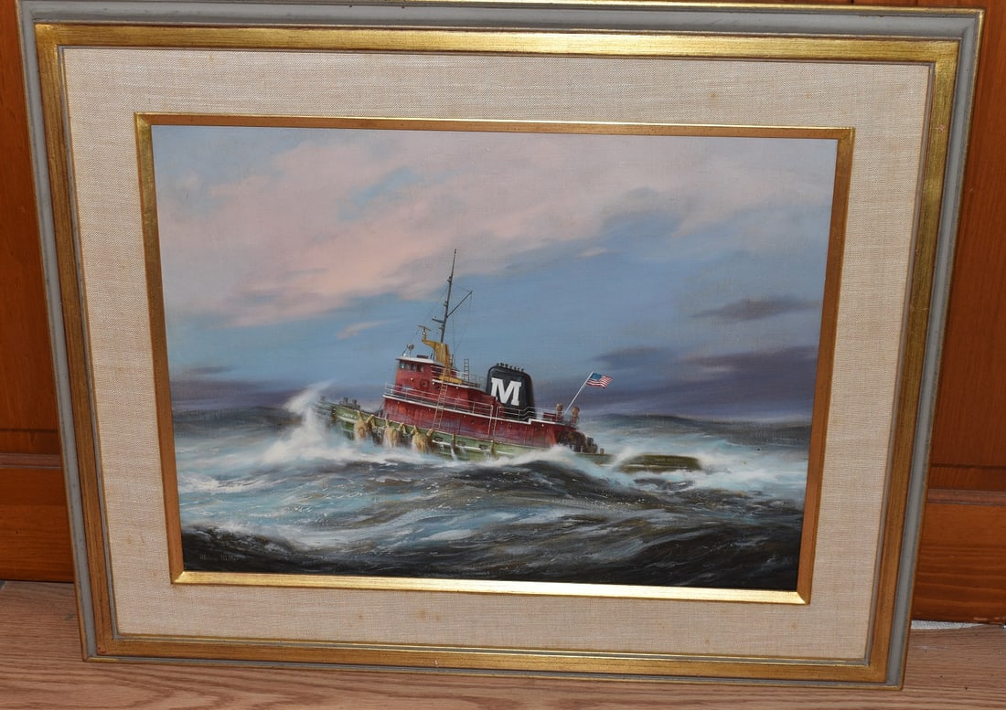 O/C JUDY MORAN TUGBOAT SIGNED MELVIN O. MILLER JR.: O/C JUDY MORAN TUGBOAT SIGNED MELVIN O. MILLER JR. (1937-2007 MARYLAND) 1983, 18" X 24" SIGHT