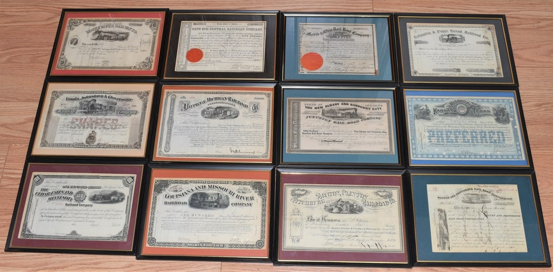 LOT (12) ASSORTED RAILROAD STOCK CERTIFICATES, 19TH C. (1 of 13)