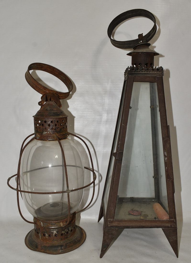 LOT (2) EARLY FIXED GLOBE/CANDLE RAILROAD LAMPS C. 1850 (1 of 13)