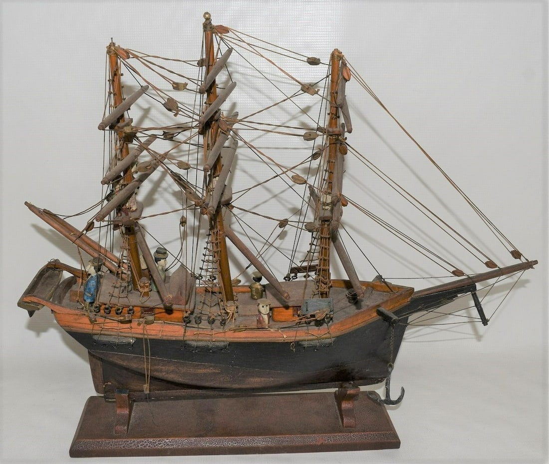 EARLY FOLK ART CARVED & PAINTED 3 MASTED SHIP (1 of 10)