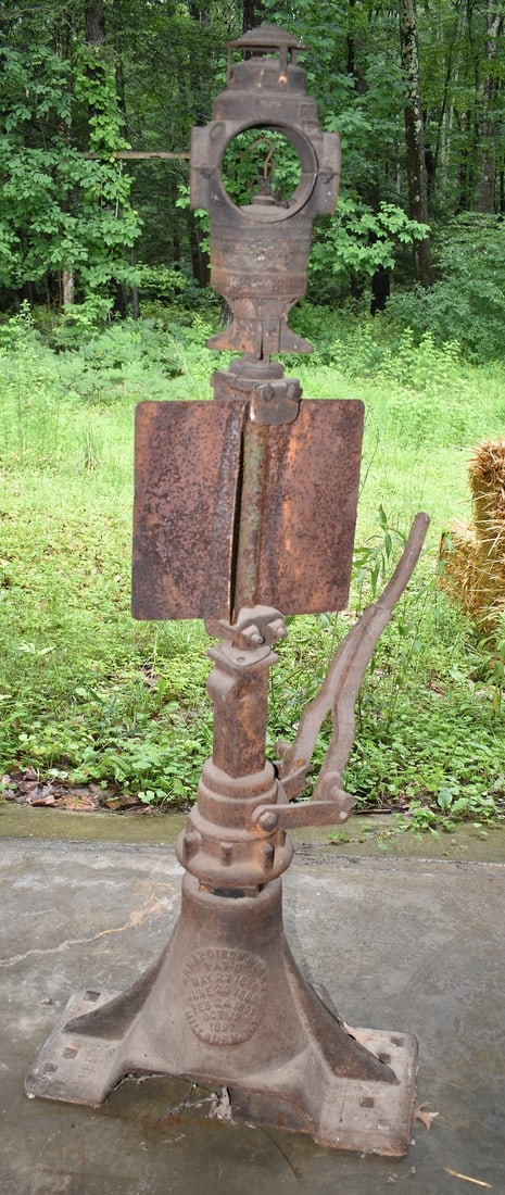 RAMAPO IRON WORKS TRACK SWITCHER W/EARLY LANTERN: RAMAPO IRON WORKS TRACK SWITCHER W/EARLY LANTERN (NO GLASS) ILLEGIBLE RAILWAY STAMPING, 19TH C., H. 62"