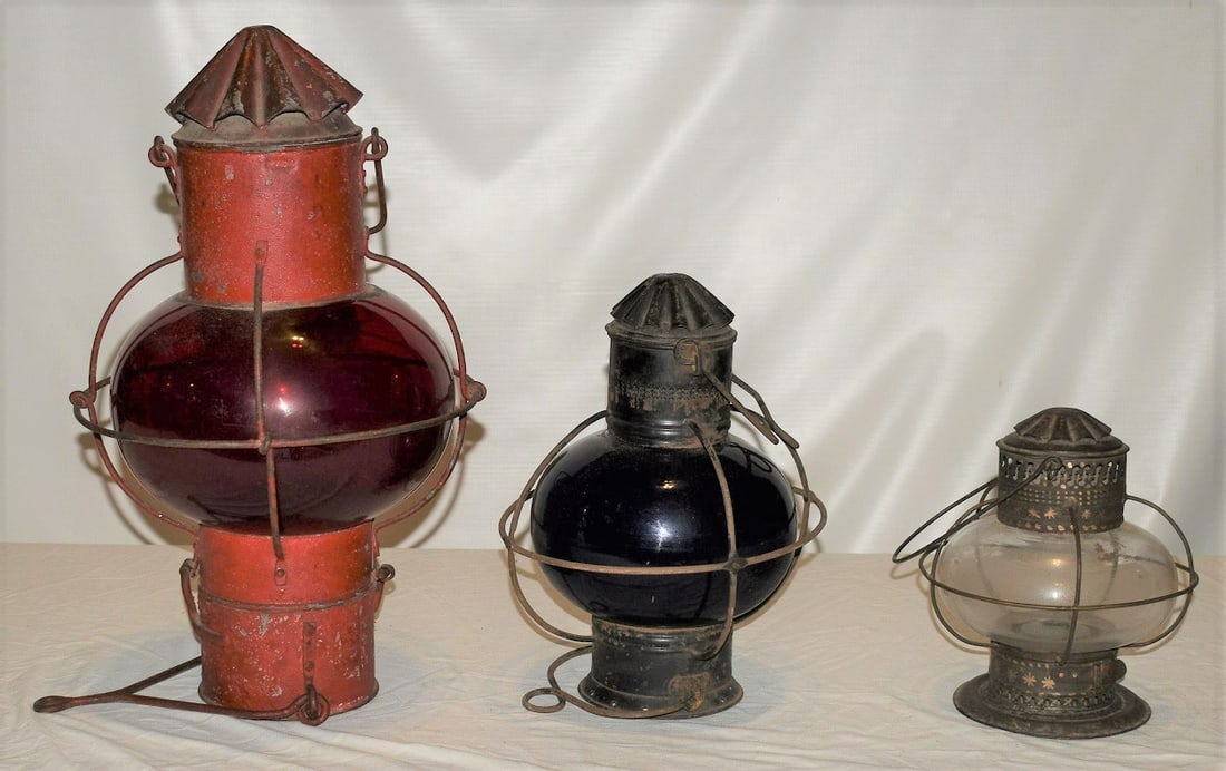 LOT (3) EARLY NAUTICAL SHIP LANTERNS INCL. ONION GLOBES (1 of 15)