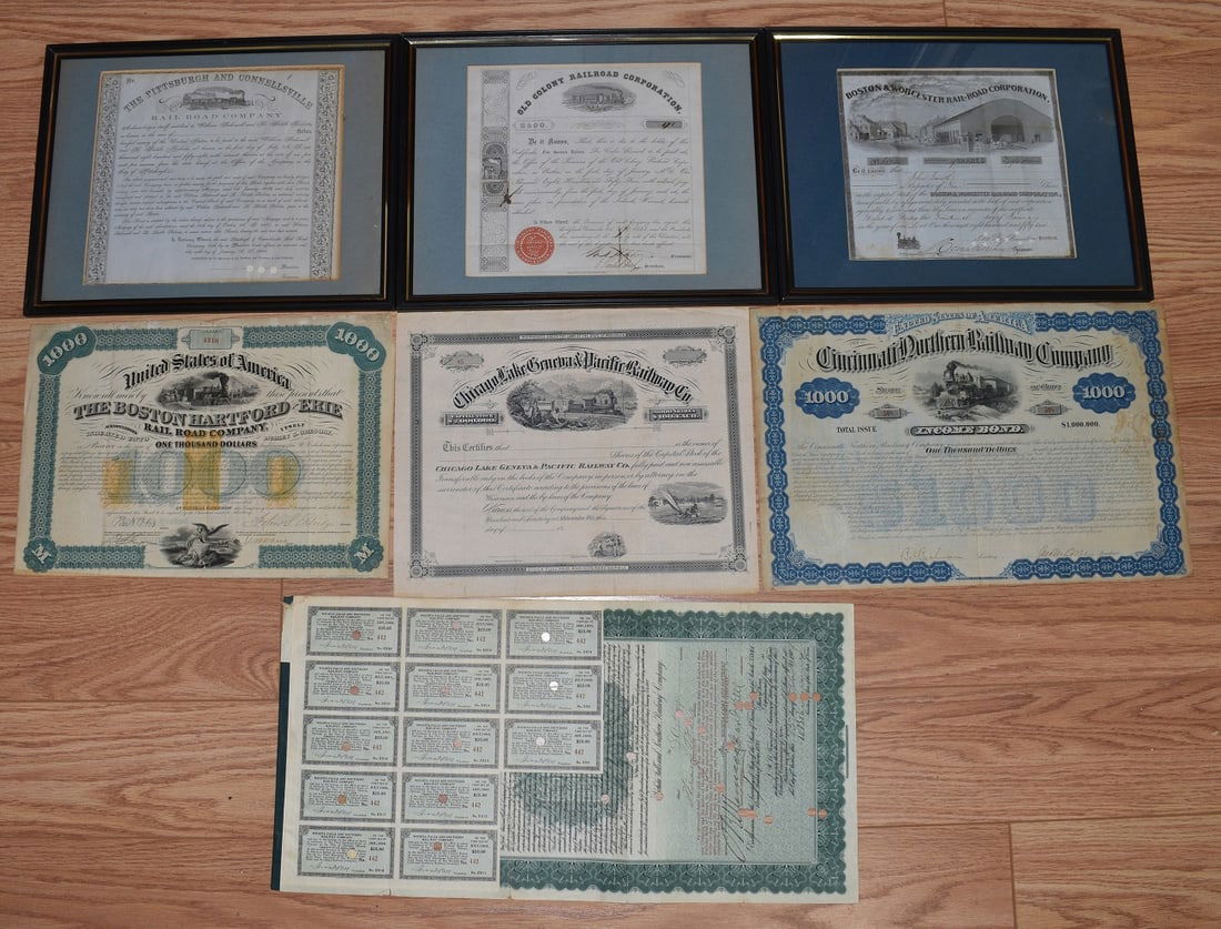 LOT (7) ASSORTED RAILROAD STOCK CERTIFICATES, 19TH C. (1 of 18)