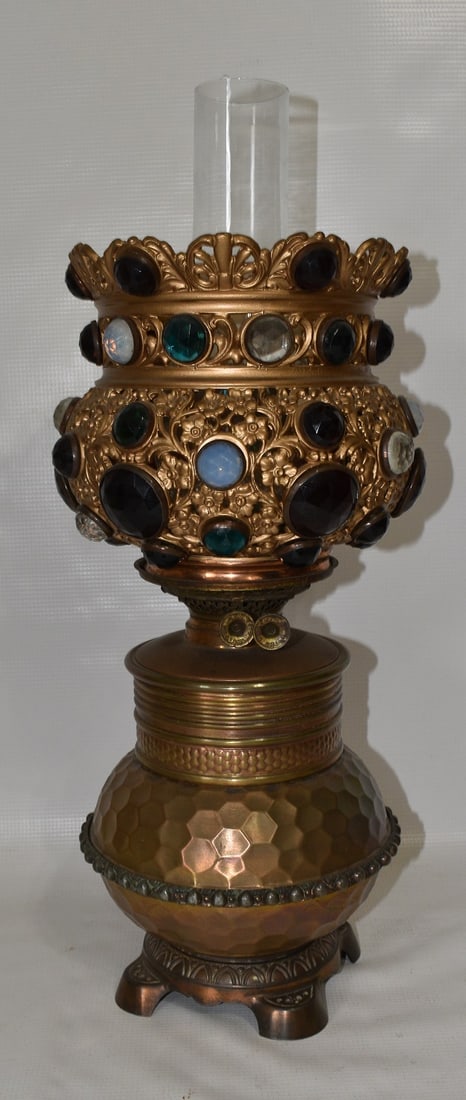 VICTORIAN JEWELED BRASS/IRON TABLE LAMP, 19TH C. (1 of 12)