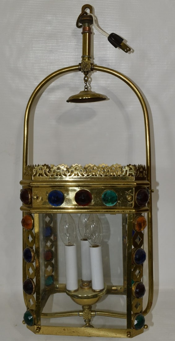 VICTORIAN JEWELED BRASS HANGING LIGHT FIXTURE, 19TH C. (1 of 9)