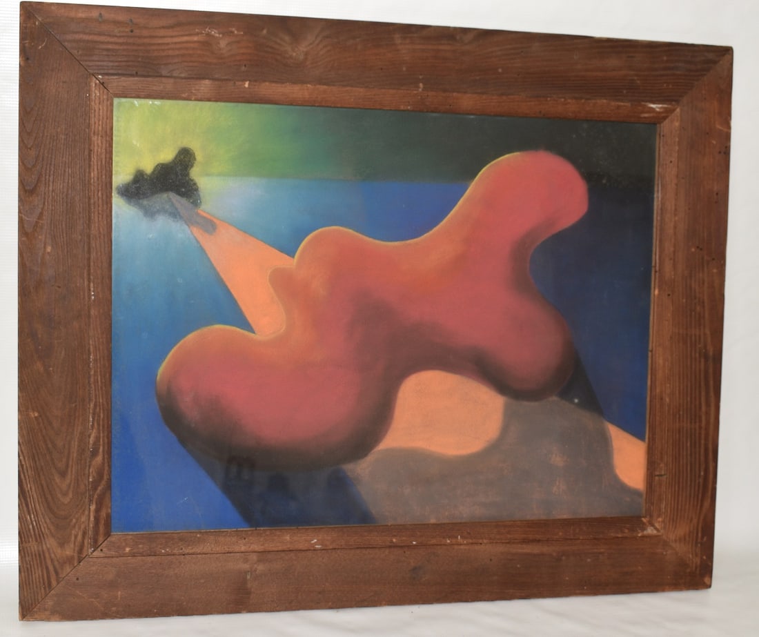 PASTEL/PAPER SURREALIST SIGNED/TITLED VERSO ILLEGIBLE: PASTEL/PAPER SURREALIST SIGNED/TITLED VERSO ILLEGIBLE, C. 1955, 17" X 23 1/2" SIGHT