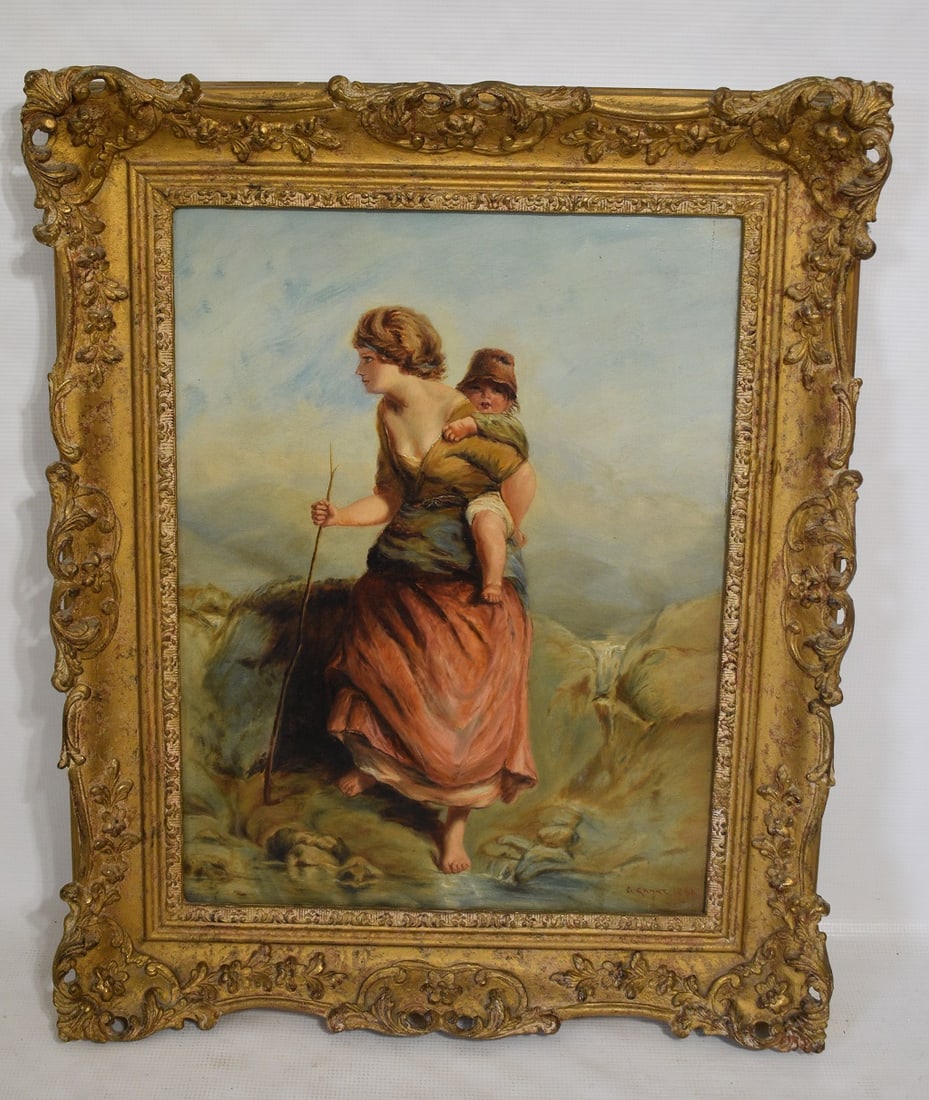 O/C WOMAN & CHILD SIGNED A. GRANT 1886, 18" X 13" SIGHT: O/C WOMAN & CHILD SIGNED A. GRANT 1886, 18" X 13" SIGHT