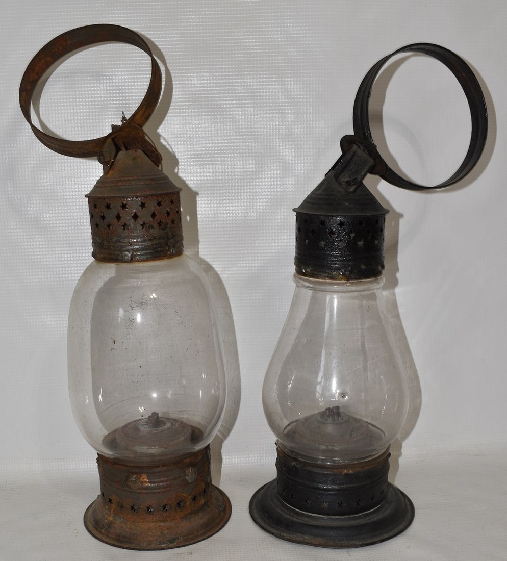 2 EARLY FIXED GLOBE RR LANTERNS W/ WHALE OIL BURNERS: LOT (2) EARLY FIXED GLOBE RAILROAD LANTERNS W/ WHALE OIL BURNERS, C. 1850'S, H. 17"