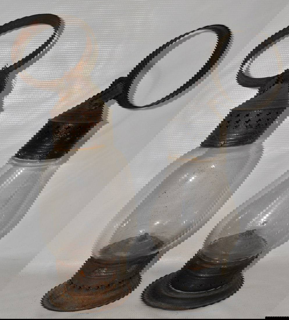 2 Early Fixed Globe Rr Lanterns W/ Whale Oil Burners Auction