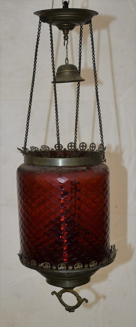 VICTORIAN CRANBERRY DIAMOND PATTERN GLASS LIGHT FIXTURE (1 of 7)