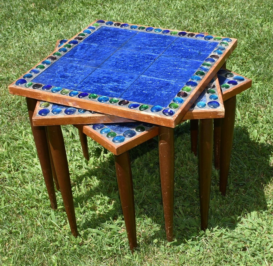 LOT (3) MID CENTURY MODERN TILE TOP STACKING TABLES (1 of 9)