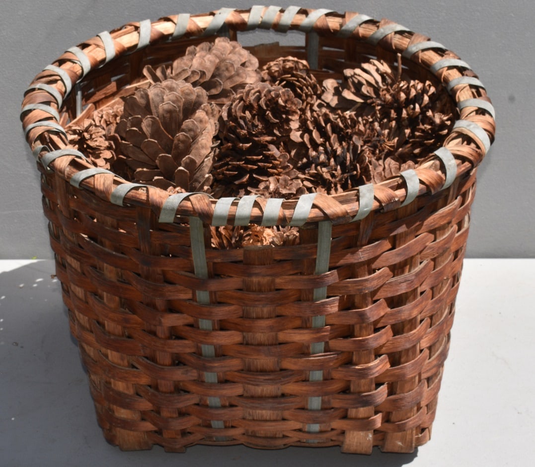 COUNTRY OAK SPLINT BASKET W/ZINC STRAPS, 19TH C. (1 of 5)