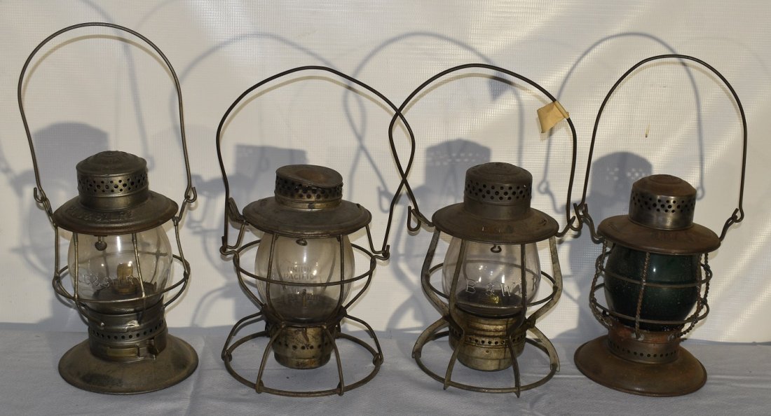 4 EARLY RR LANTERNS INCL. B.R.P. RR/P.B.& W. RR/U.P. RR: LOT (4) EARLY RAILROAD LANTERNS INCL. B.R.P. RR, P.B.& W. RR, U.P. RR, P.C.C. & ST. L. RY., 19/20TH C.