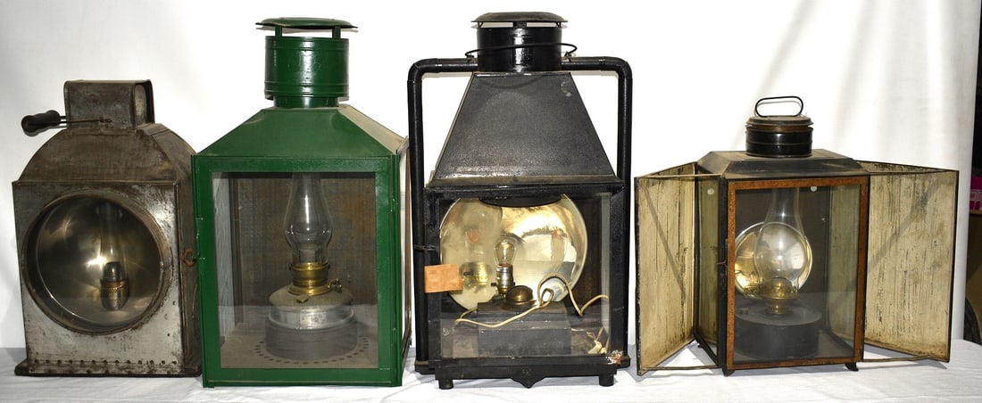 LOT (4) EARLY RAILROAD LANTERNS, 19TH C.: LOT (4) EARLY RAILROAD LANTERNS, 19TH C., H. 26 1/2" W. 14 1/2" D. 11 1/2"