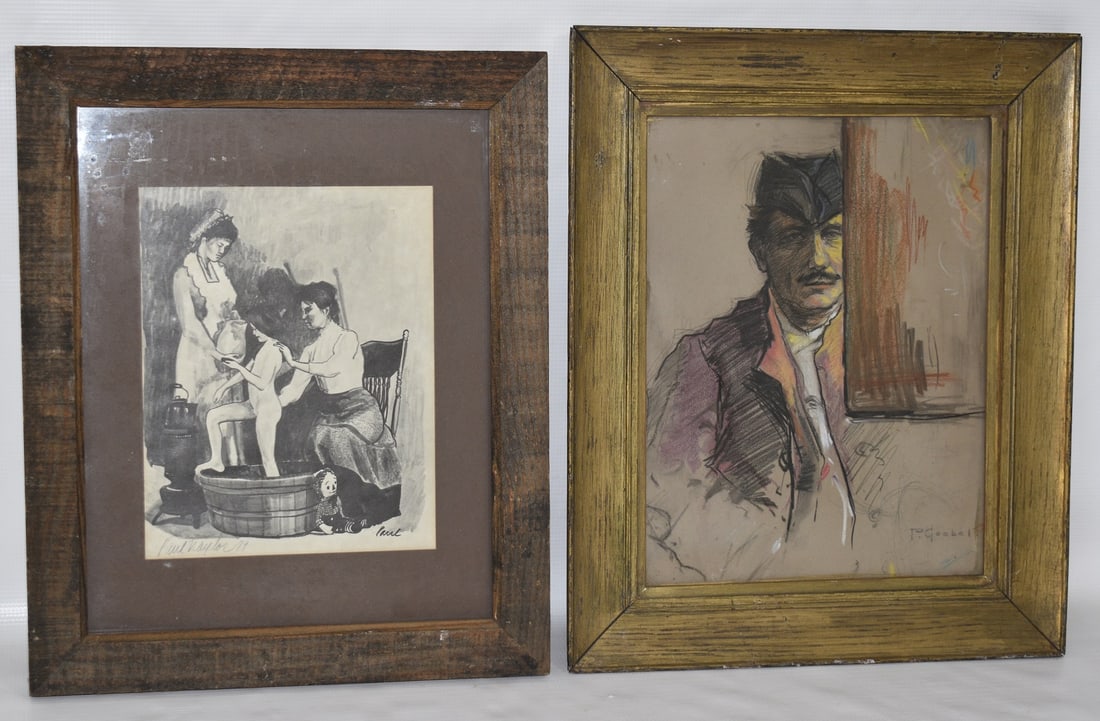 LOT (2) PASTEL/LITHO ILLUSTRATIONS SIGNED: LOT (2) PASTEL/LITHO ILLUSTRATIONS SIGNED P. GOEBEL & PAUL NAYLOR (WOODSTOCK), C. 1960/70