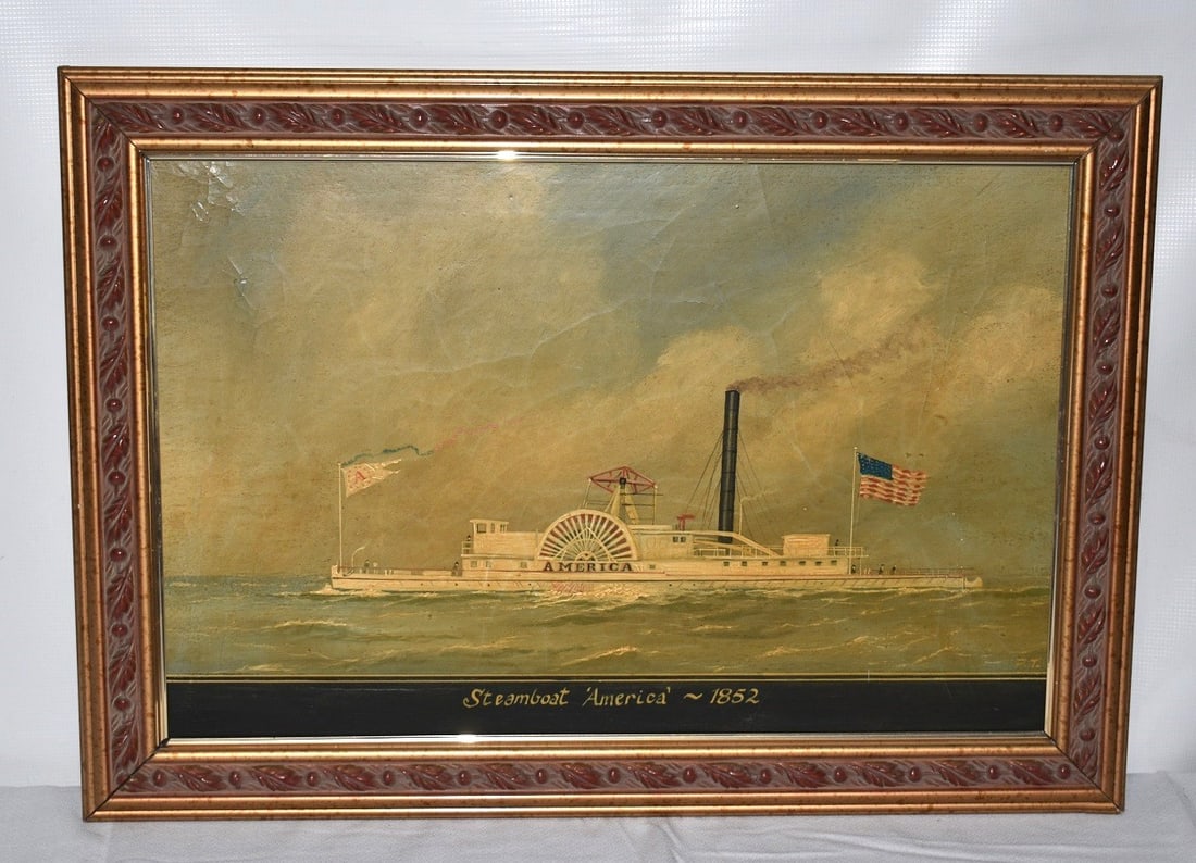 O/C "STEAMBOAT AMERICA-1852" SIGNED F.T. (FRED TORDOFF): O/C "STEAMBOAT AMERICA-1852" SIGNED F.T. (FRED TORDOFF, AMERICAN) 20TH C., 16" X 24"