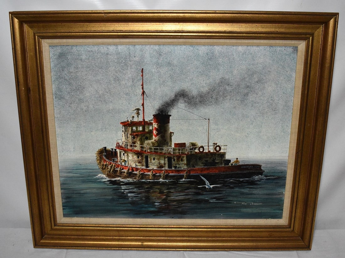 O/B WAGNER'S POINT TUGBOAT SIGNED RON DEMBOSKY: O/B WAGNER'S POINT TUGBOAT SIGNED RON DEMBOSKY (1934-1996 PENNSYLVANIA) 24" X 30"
