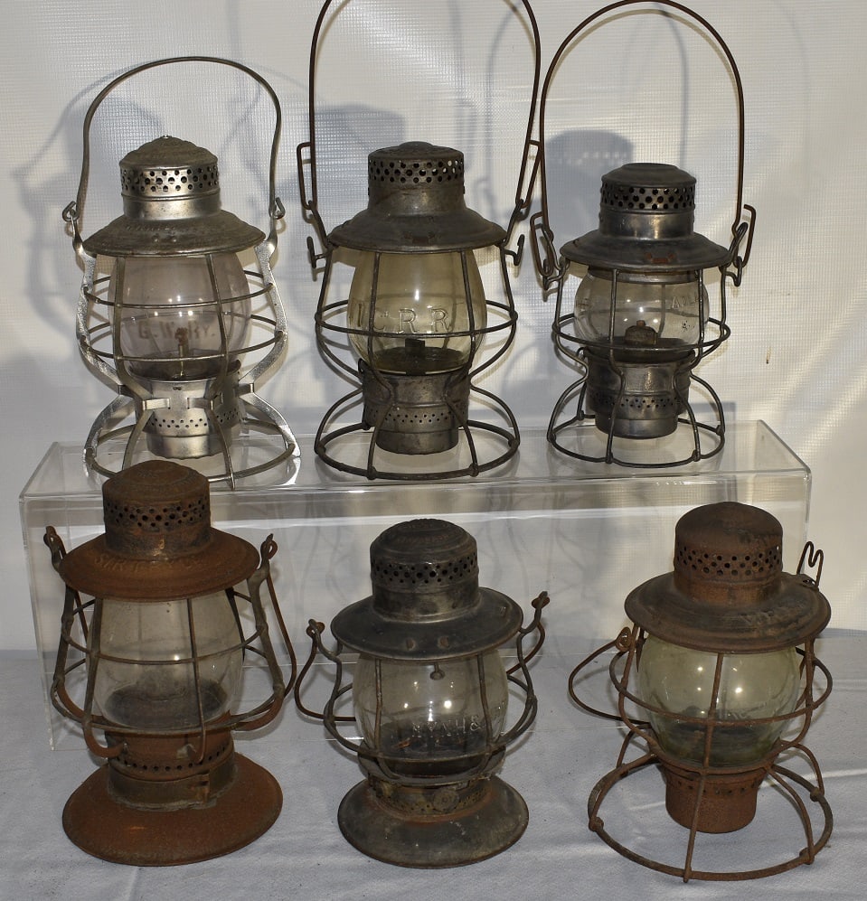 6 EARLY RR LANTERNS INCL. V.R.R. (M.K.&T GLOBE), I.C.RR: LOT (6) EARLY RAILROAD LANTERNS INCL. V.R.R. (M.K. & T GLOBE), I.C.RR, S.I.R.T. RY. CO., S.L. & U., NY NY & H, G.W. RY., 19/20TH C.